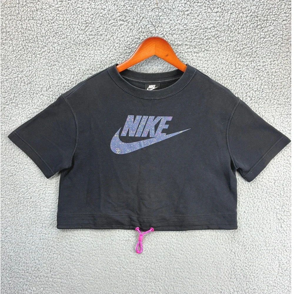 Nike Graphic Swoosh Short Sleeve Cropped T-Shirt Womens S Black Pink Cinch Hem